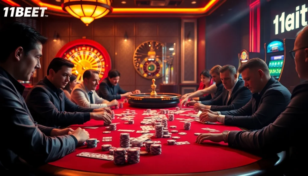 Experience the thrill of 11BET at a lively poker table with players immersed in high-stakes action amid vibrant casino lights.